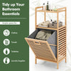 Bamboo tilt-out laundry hamper with removable basket and two shelves for toiletries, ideal for bathrooms and laundry.
