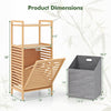 Bamboo tilt-out laundry hamper with removable basket, featuring two shelves and raised legs for easy access and.