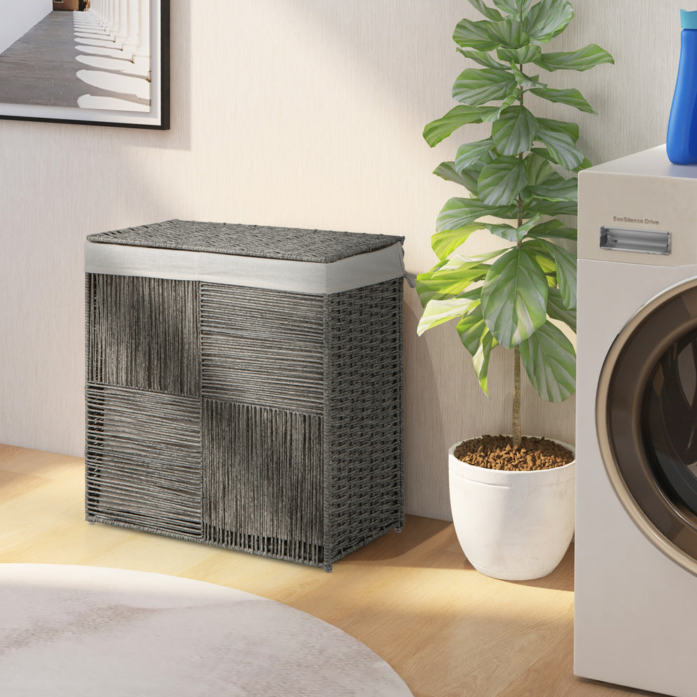 Gray 29-gallon laundry hamper with removable liner bag and convenient handles, perfect for bedroom or bathroom use.