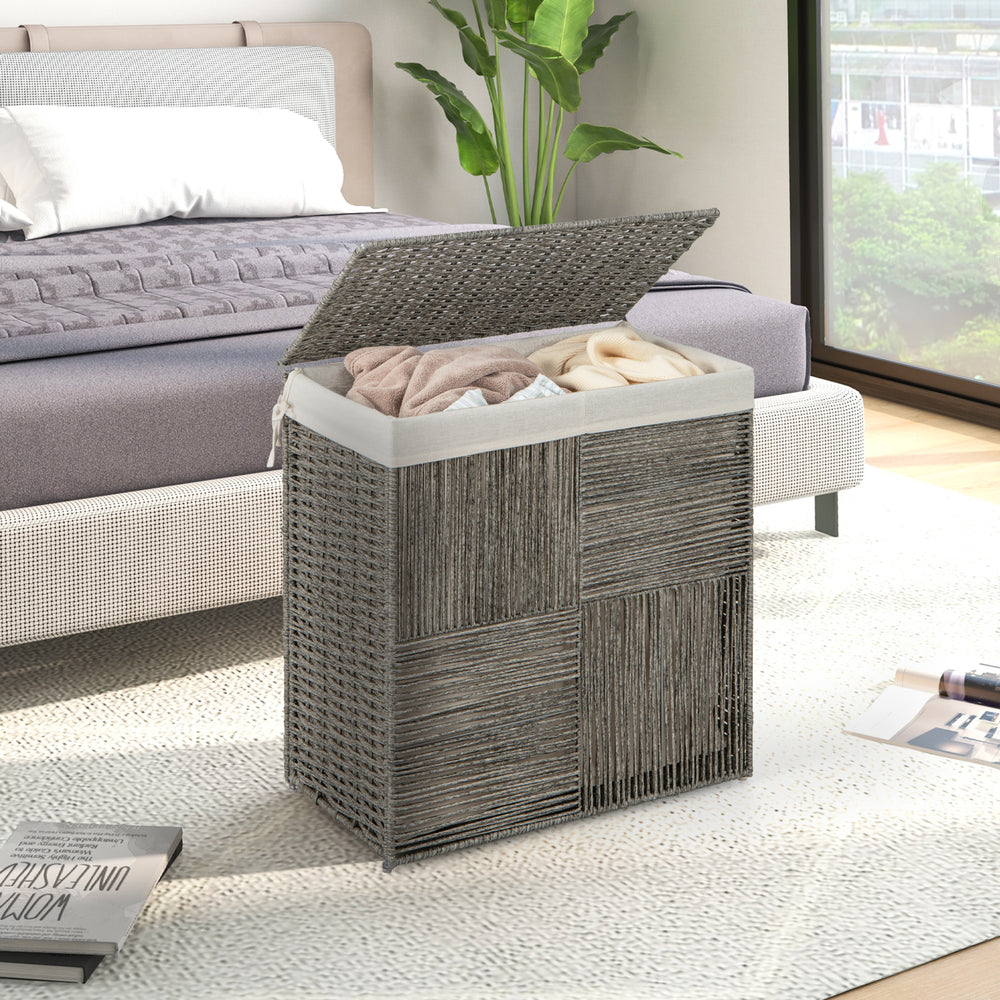Gray 29-gallon laundry hamper with removable liner bag, hand-woven PP rattan, ideal for bedroom or bathroom use.