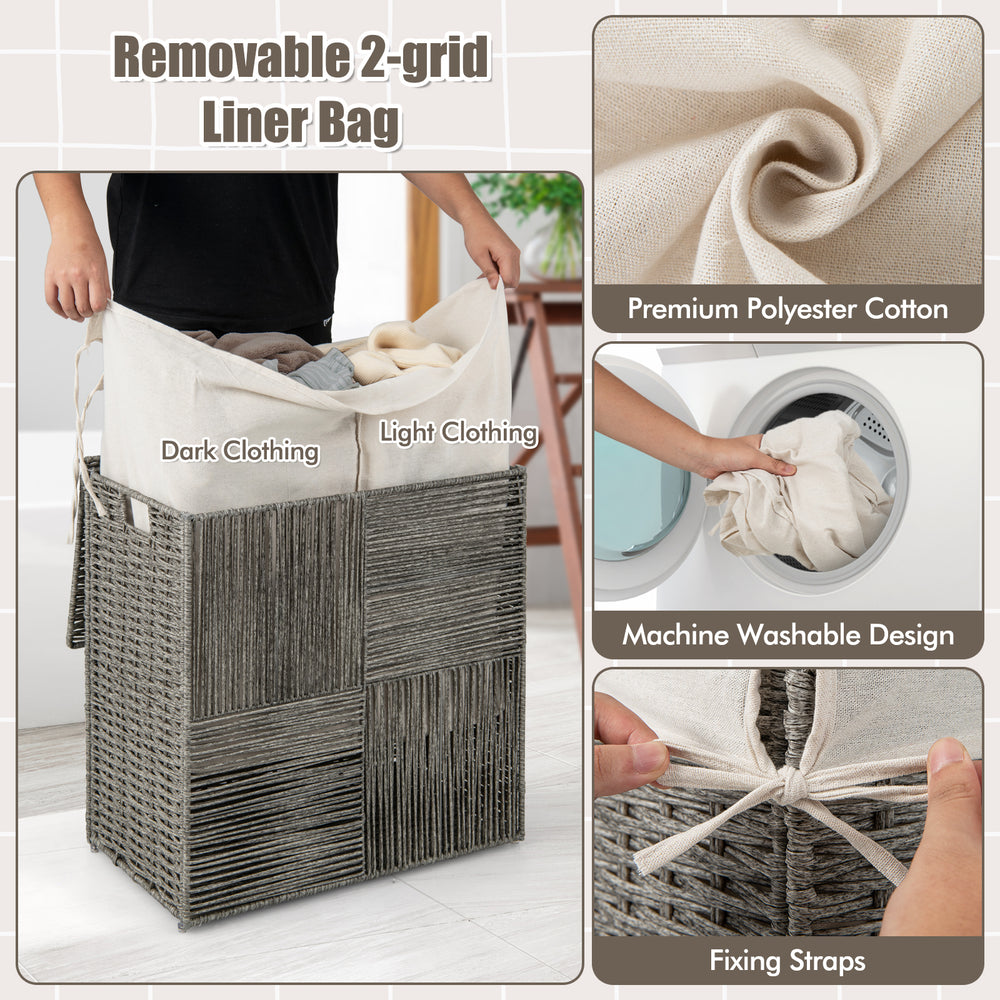 Gray 29-gallon laundry hamper with removable liner bag, featuring two compartments for clothing classification and.