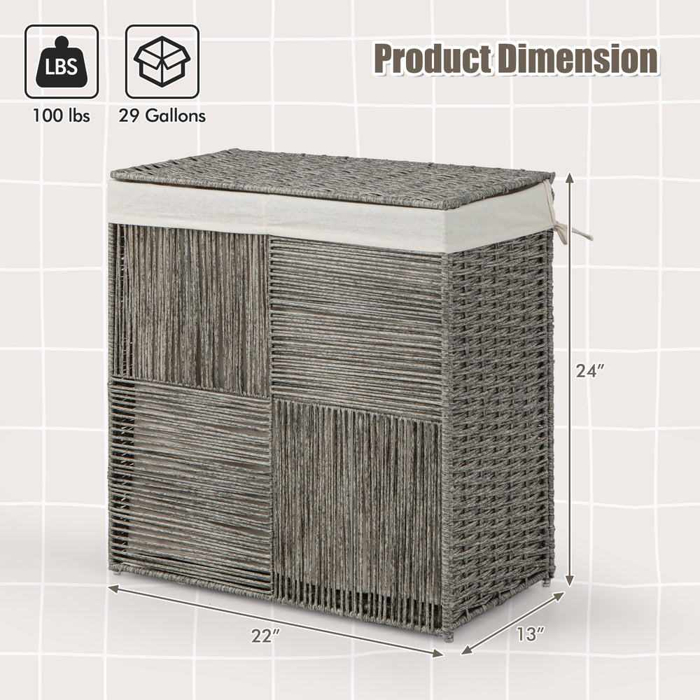 Gray 29-gallon laundry hamper with removable liner, hand-woven PP rattan, and convenient handles for easy transport.