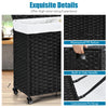Laundry hamper with wheels and lid in black, made of waterproof PE rattan, featuring a 125L capacity for easy storage.