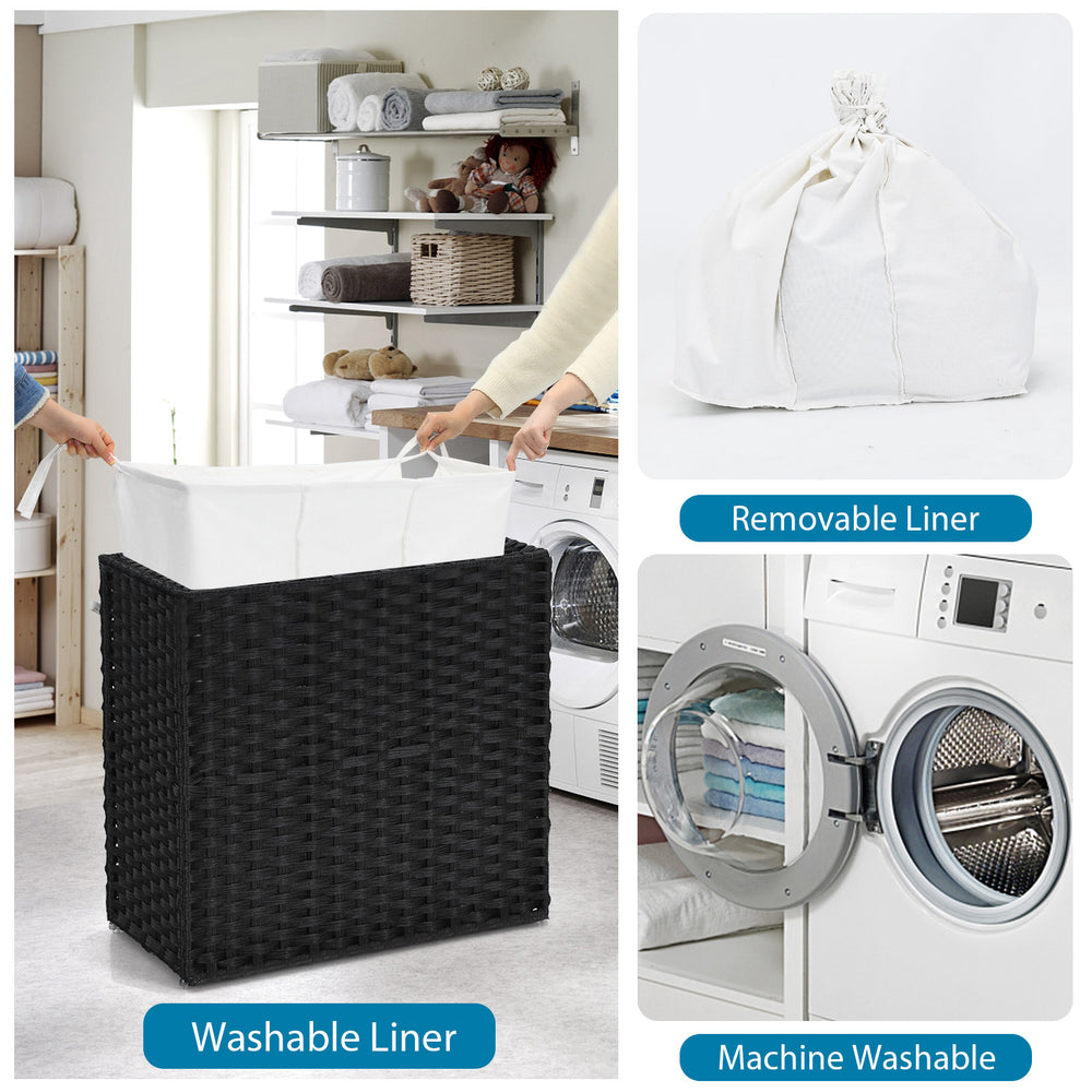 Laundry hamper with wheels and lid in black, featuring a sturdy PE rattan design and removable washable liner for easy.