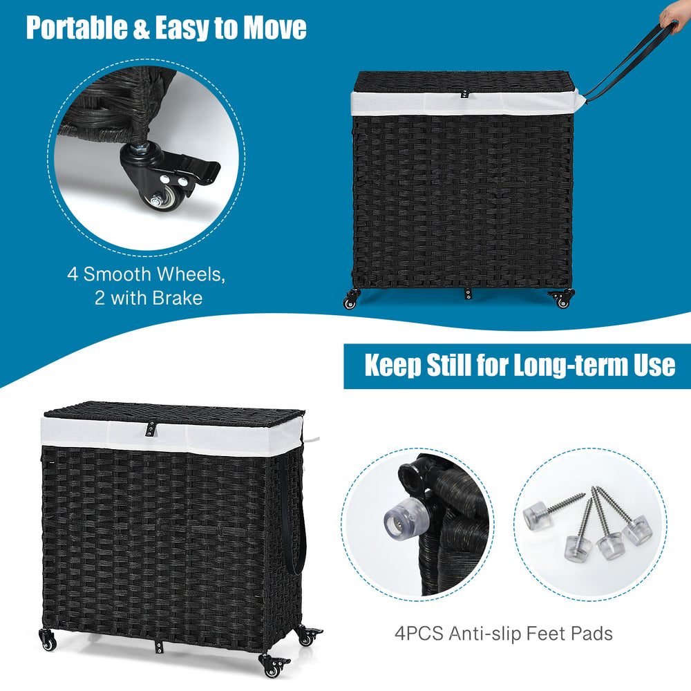 Laundry hamper with wheels and lid in black, featuring a sturdy iron frame, 125L capacity, and anti-slip foot pads.