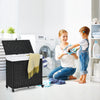Laundry hamper with wheels and lid in black, featuring a sturdy PE rattan design, ideal for sorting clothes and toys.