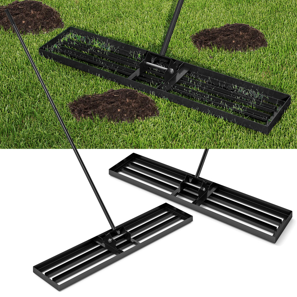 Lawn leveling rake with a 46 x 10 inch wide plate, heavy-duty metal frame, ideal for efficient soil leveling.