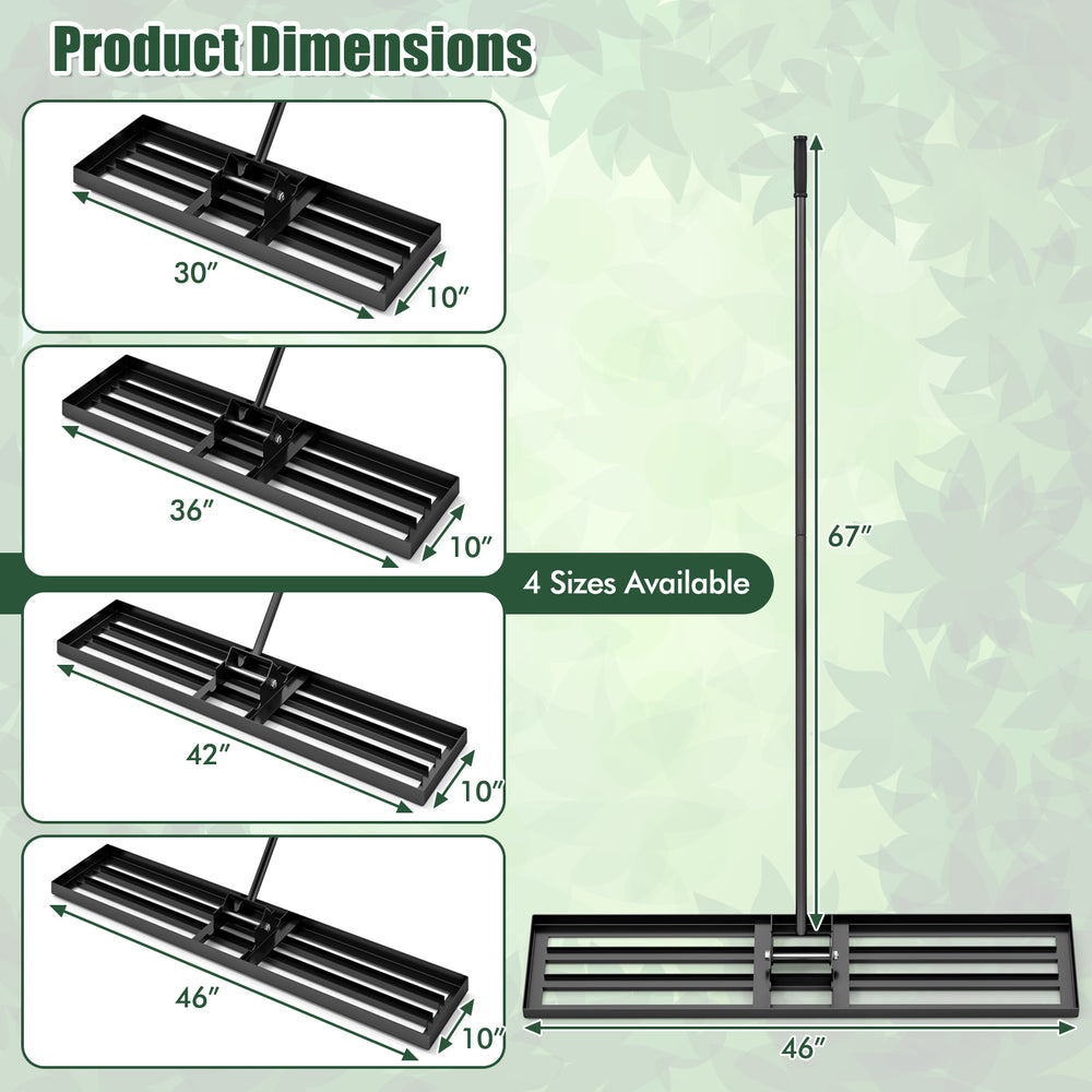 Lawn leveling rake dimensions showcasing 46 x 10 inch heavy-duty tool with adjustable handle for easy soil leveling.