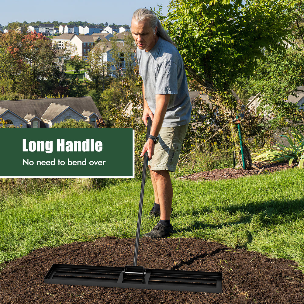 Lawn leveling rake with a long handle, featuring a 46 x 10 inch wide plate for efficient soil leveling in gardens.