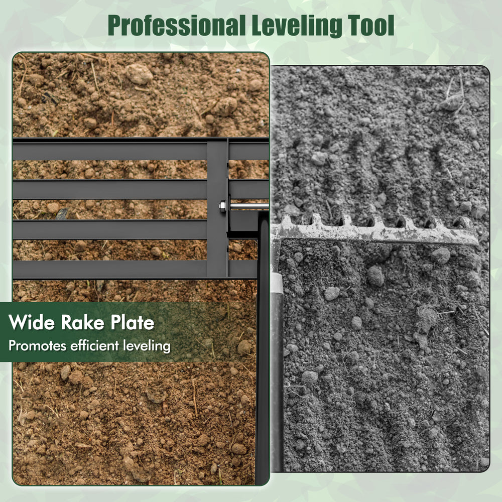 Wide rake plate of the 46 x 10 inch lawn leveling rake for efficient soil leveling in gardens or farms.