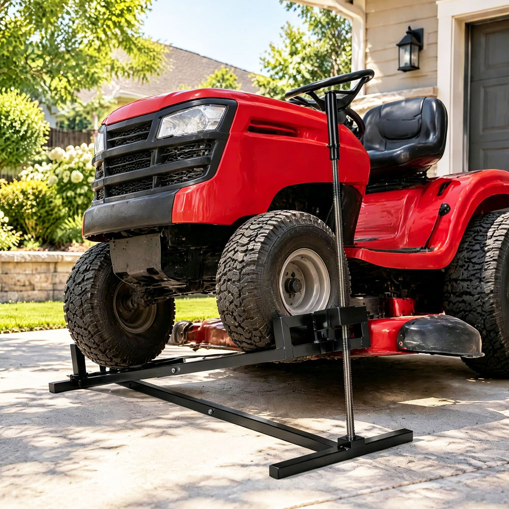 Lawn mower lift jack in black, designed for easy maintenance with an 880 lbs capacity and adjustable height for ride-on mowers.