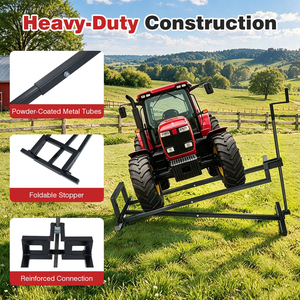 Lawn mower lift jack in black features heavy-duty metal construction, adjustable height, and foldable design for easy storage.