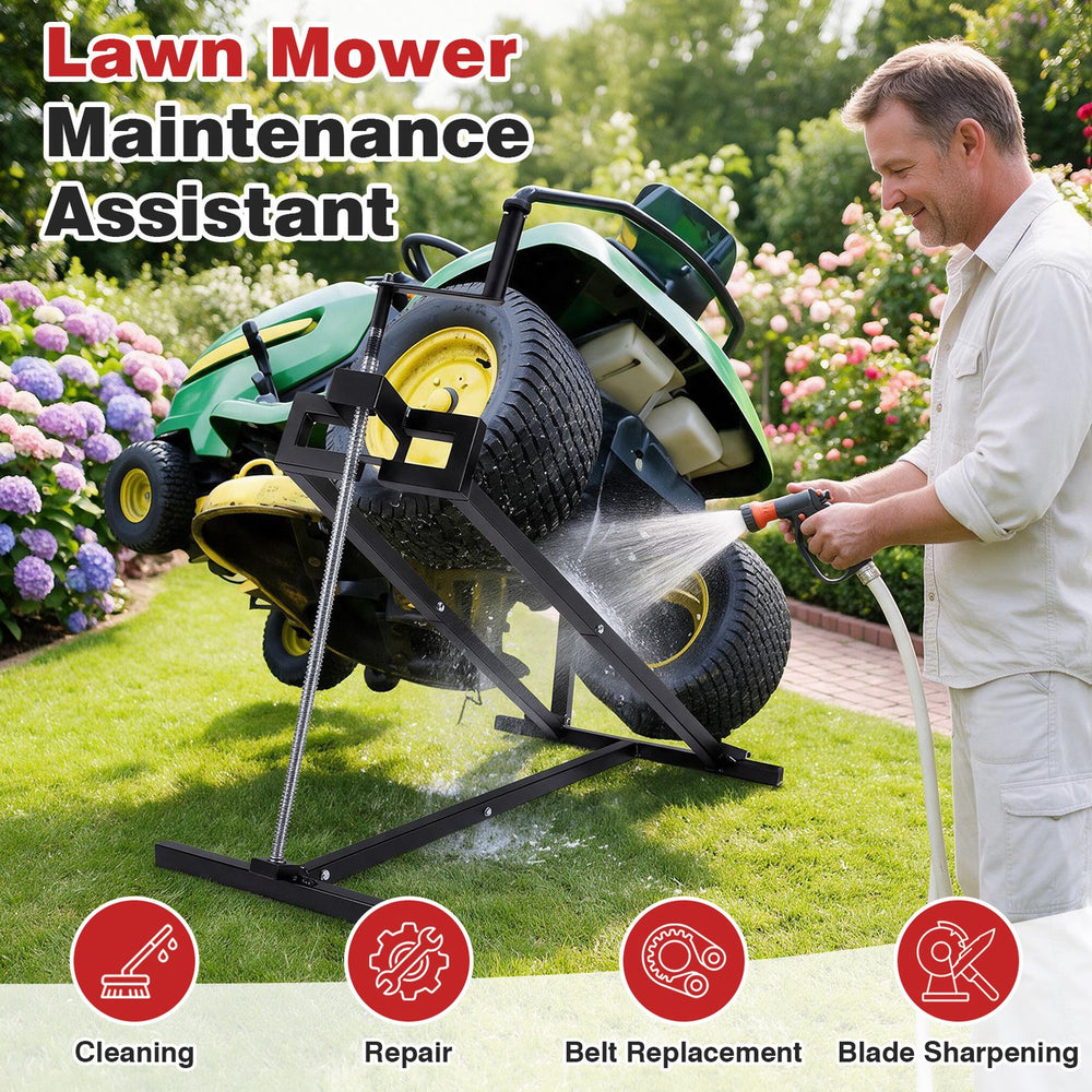 Lawn mower lift jack in black, designed for maintenance with heavy-duty metal, adjustable height, and foldable for easy storage.