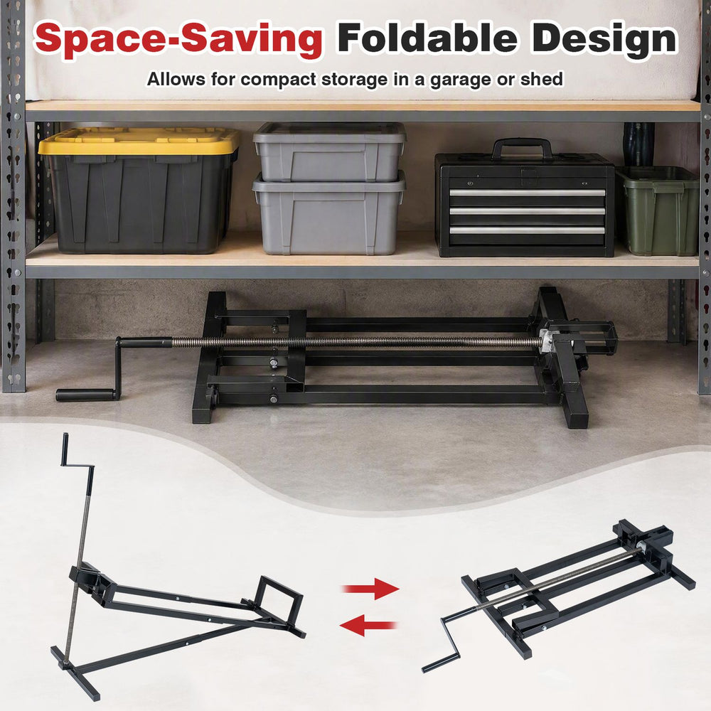 Lawn mower lift jack with a foldable design, heavy-duty metal, and 880 lbs capacity for easy maintenance and storage.