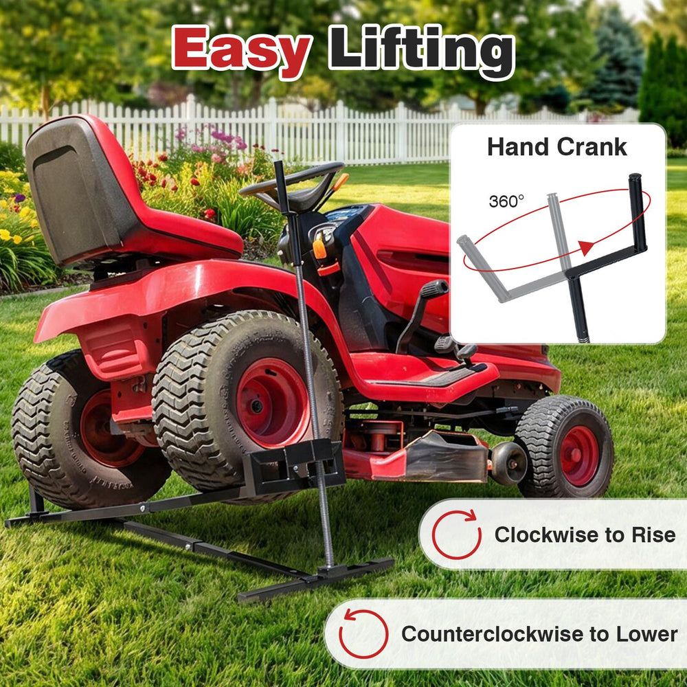 Lawn mower lift jack in black with manual crank, designed for easy lifting and maintenance of ride-on mowers and tractors.