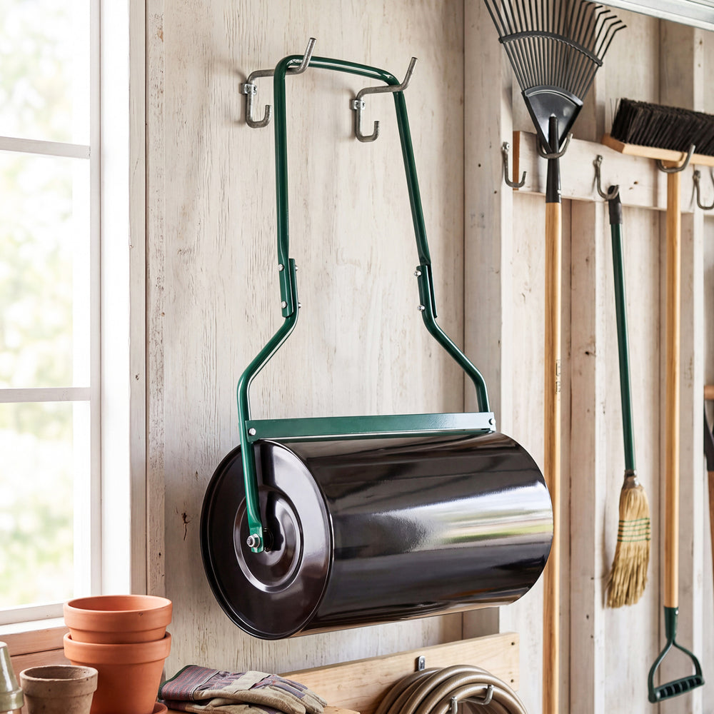 Lawn roller with U-shape handle, 12-gallon capacity, designed for filling with water or sand for garden use.