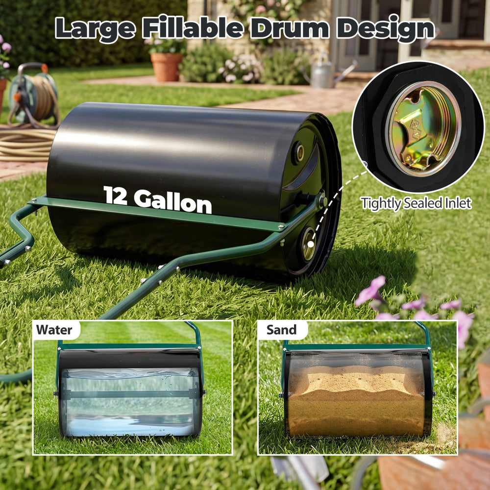 Lawn roller with a 12-gallon capacity, U-shape handle, and fillable design for easy garden use.
