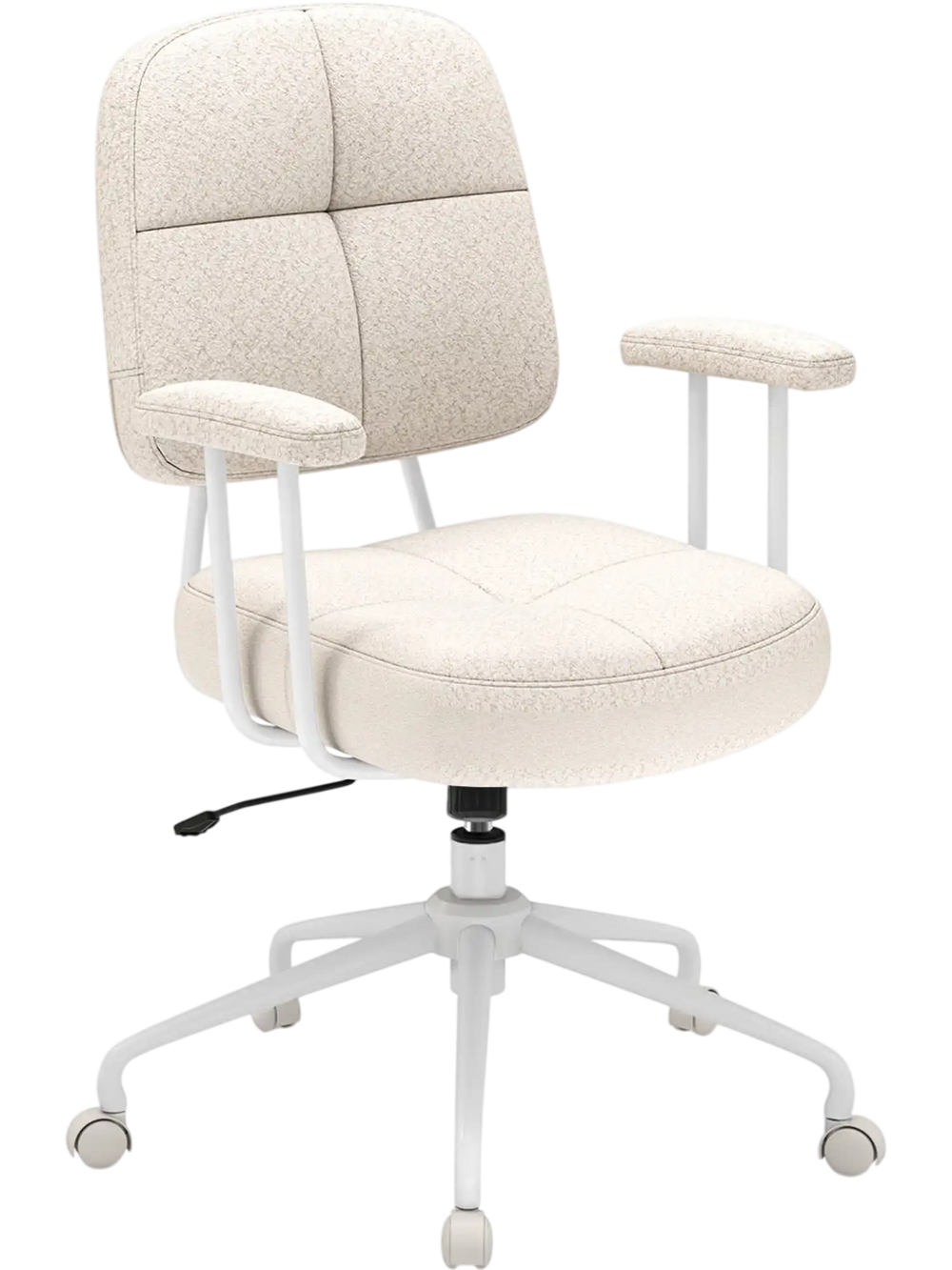 Beige upholstered task chair with cushioned back and arms, featuring a sturdy plywood base for home office use.