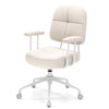 Beige upholstered task chair with cushioned back and arms, featuring a sturdy base and height adjustment for home.