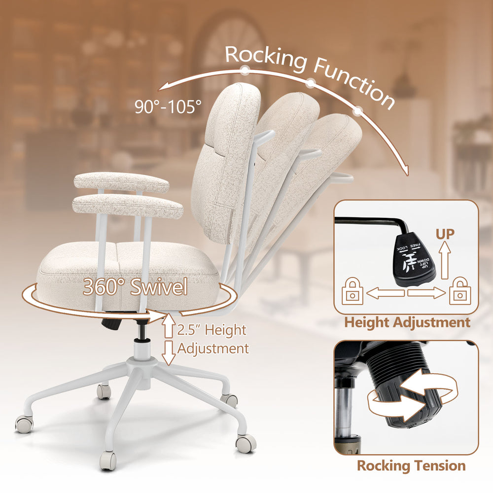 Ergonomic beige task chair with cushioned back, 360° swivel, and 90°-105° rocking function for home office comfort.