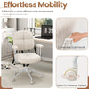 Ergonomic beige upholstered task chair with cushioned back, 360° swivel, and quiet PU casters for effortless mobility.