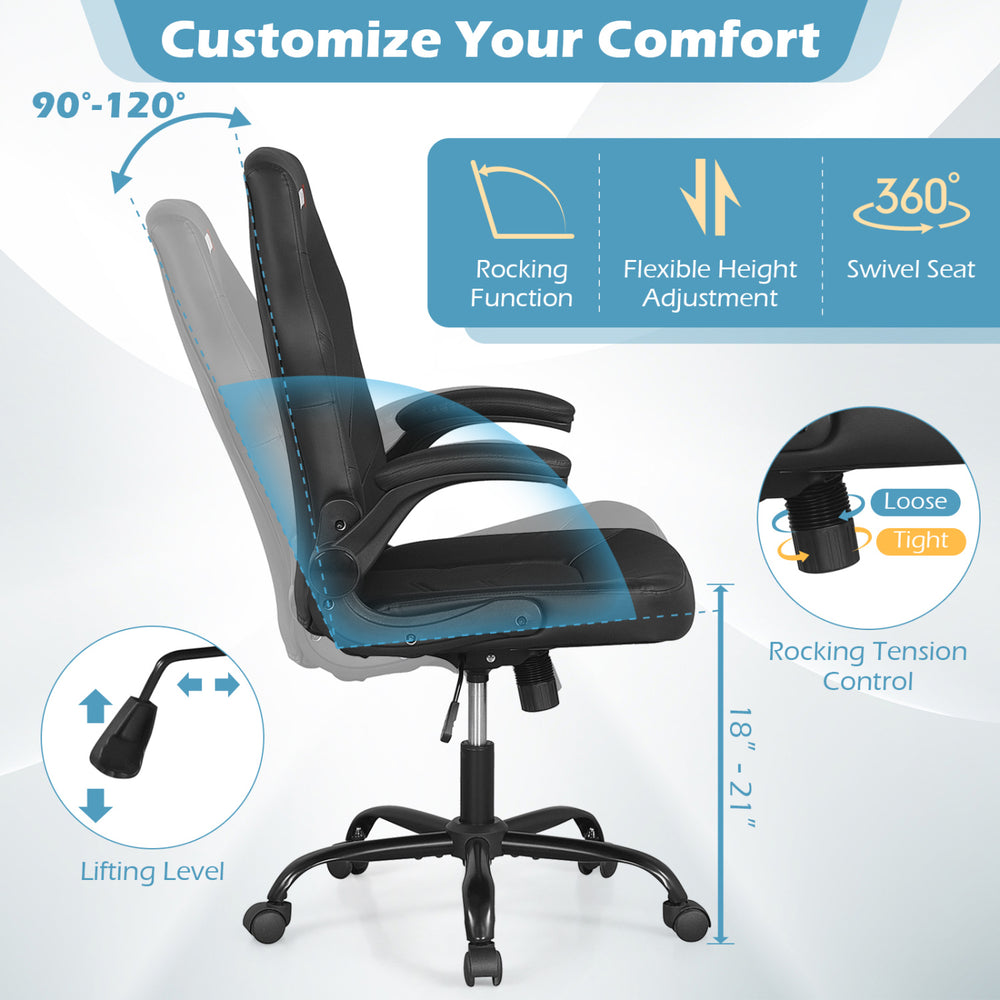Ergonomic black leather office chair with flip-up armrests, height adjustment, and rocking function for customizable.