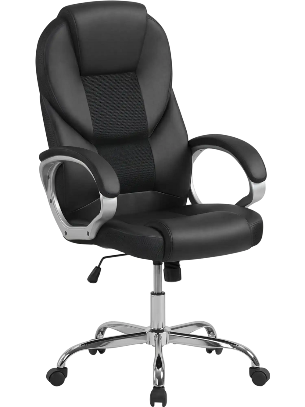 Ergonomic black leather office chair with padded armrests, adjustable backrest, and 360° swivel for office use.