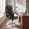 Ergonomic black leather office chair with padded armrests and adjustable backrest, perfect for home or office use.