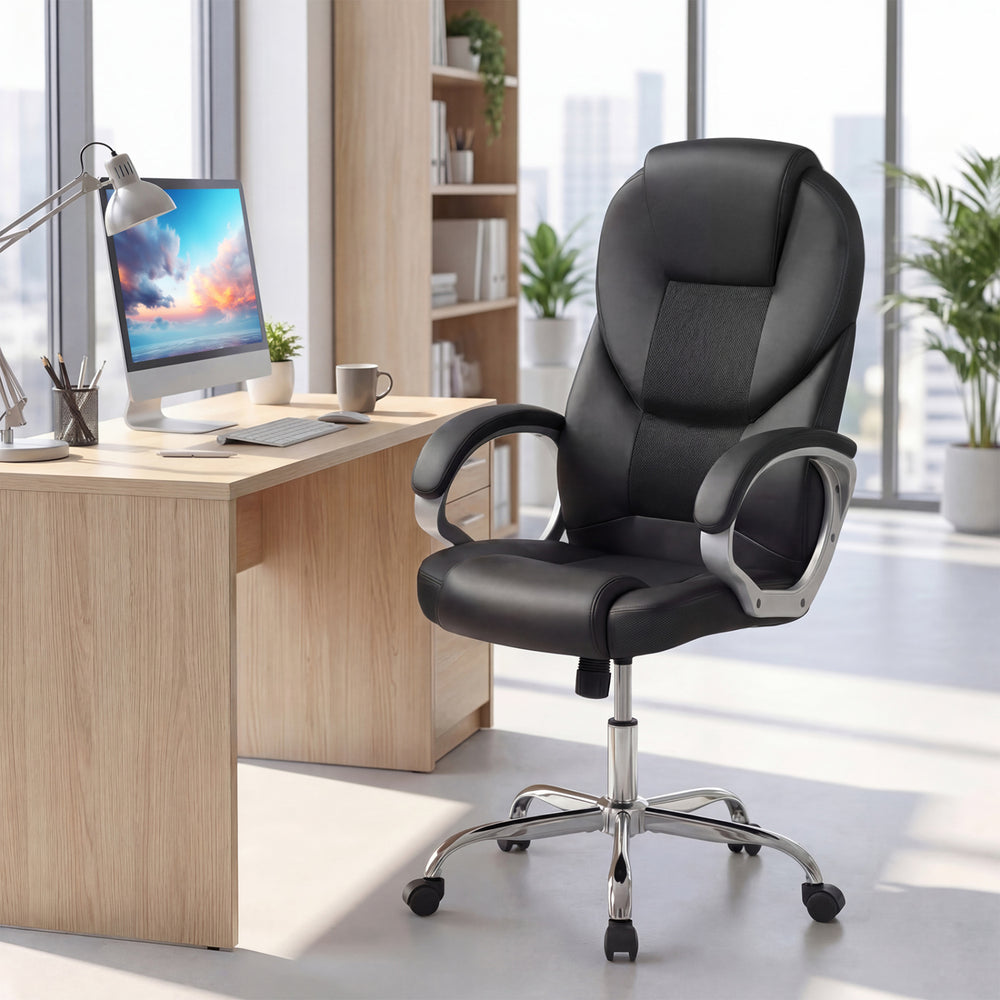 Ergonomic black leather office chair with padded armrests and adjustable backrest for home or office use.