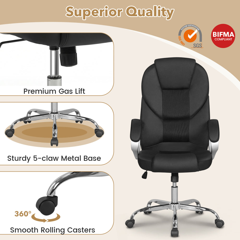 Ergonomic black leather office chair with padded armrests, adjustable backrest, and smooth rolling casters for.