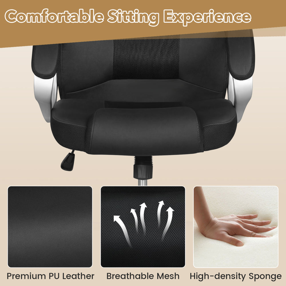 Ergonomic black leather office chair with padded armrests, breathable mesh, and high-density sponge for comfort.