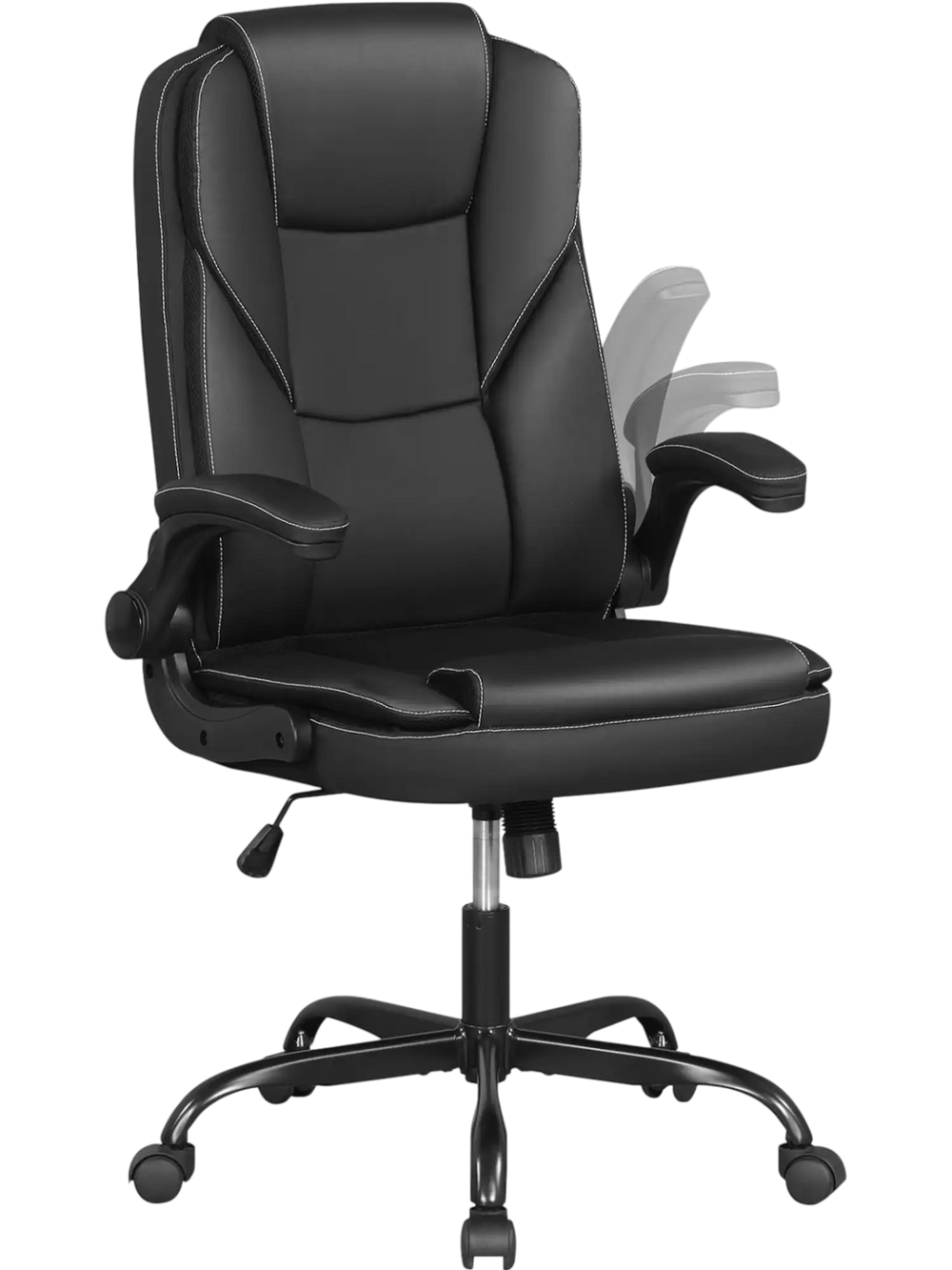 Ergonomic black leather office chair with flip-up armrests, adjustable height, and rocking function for comfort and.