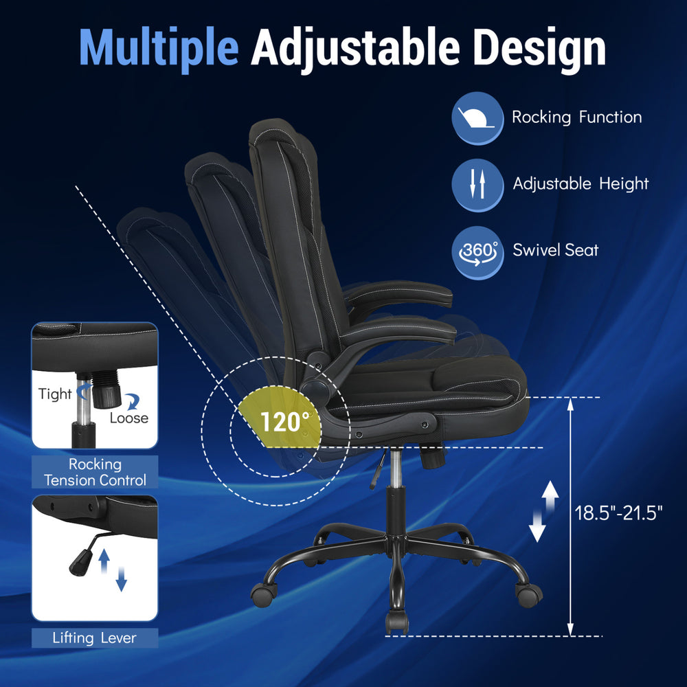 Ergonomic black leather office chair with adjustable height, rocking function, and flip-up armrests for versatile use.