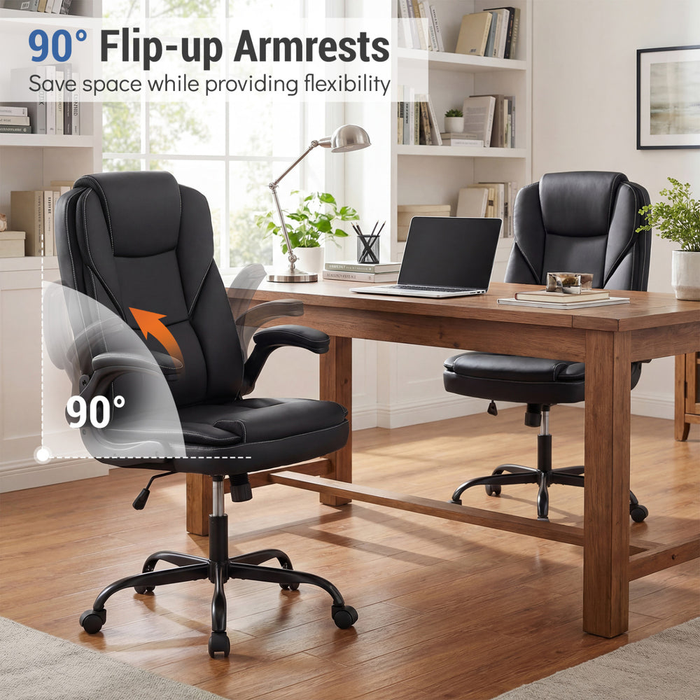 Ergonomic black leather office chair with 90° flip-up armrests, designed for comfort and space-saving in a modern.