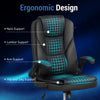 Ergonomic black leather office chair featuring neck, lumbar, arm, hip, and leg support with adjustable height and.
