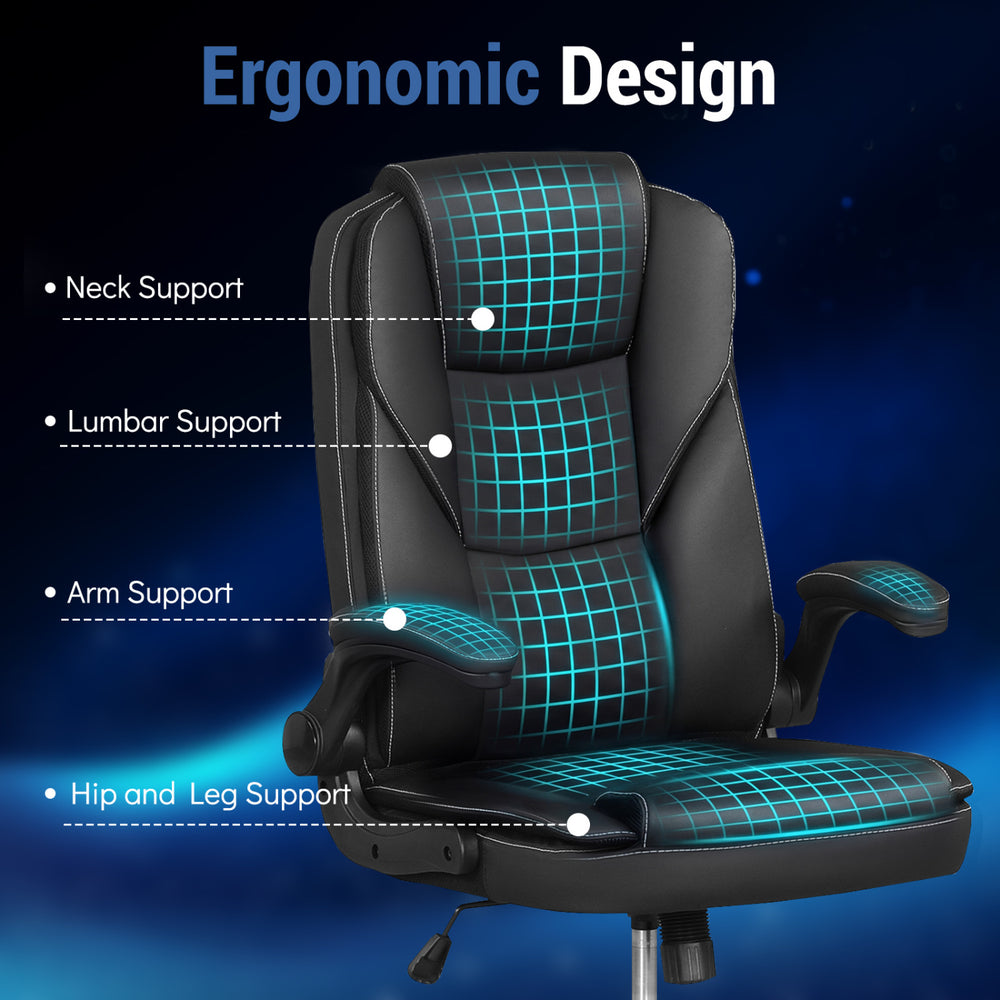 Ergonomic black leather office chair featuring neck, lumbar, arm, hip, and leg support with adjustable height and.