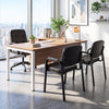Set of 2 black leather office reception chairs with padded armrests, ergonomic backrest, and a heavy-duty metal frame.