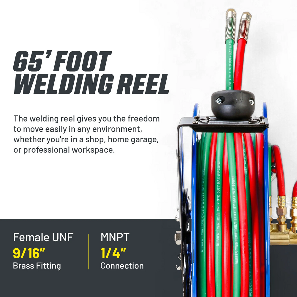 Goodyear GUR079 Welding Hose Reel Retractable 1/4" x 65' Twin Oxy Acetylene Hoses Single Arm 300 PSI New