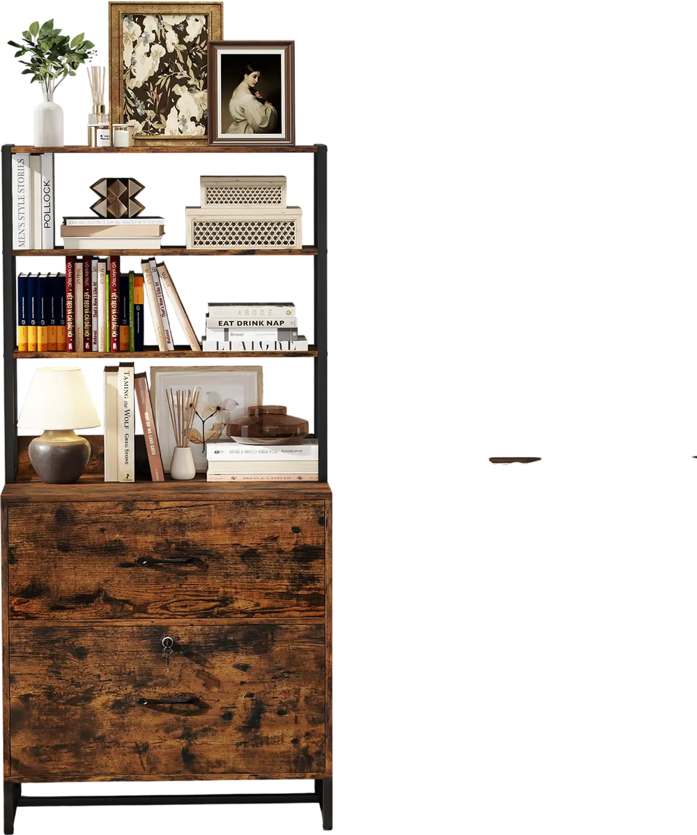 Rustic brown lateral file cabinet with lock and a sturdy painted steel frame, perfect for stylishly organizing.