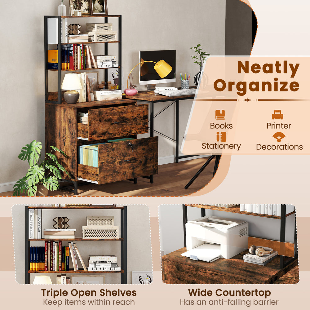 Rustic brown lateral file cabinet with lock and 4-tier bookshelf, ideal for organizing documents and decorations in.