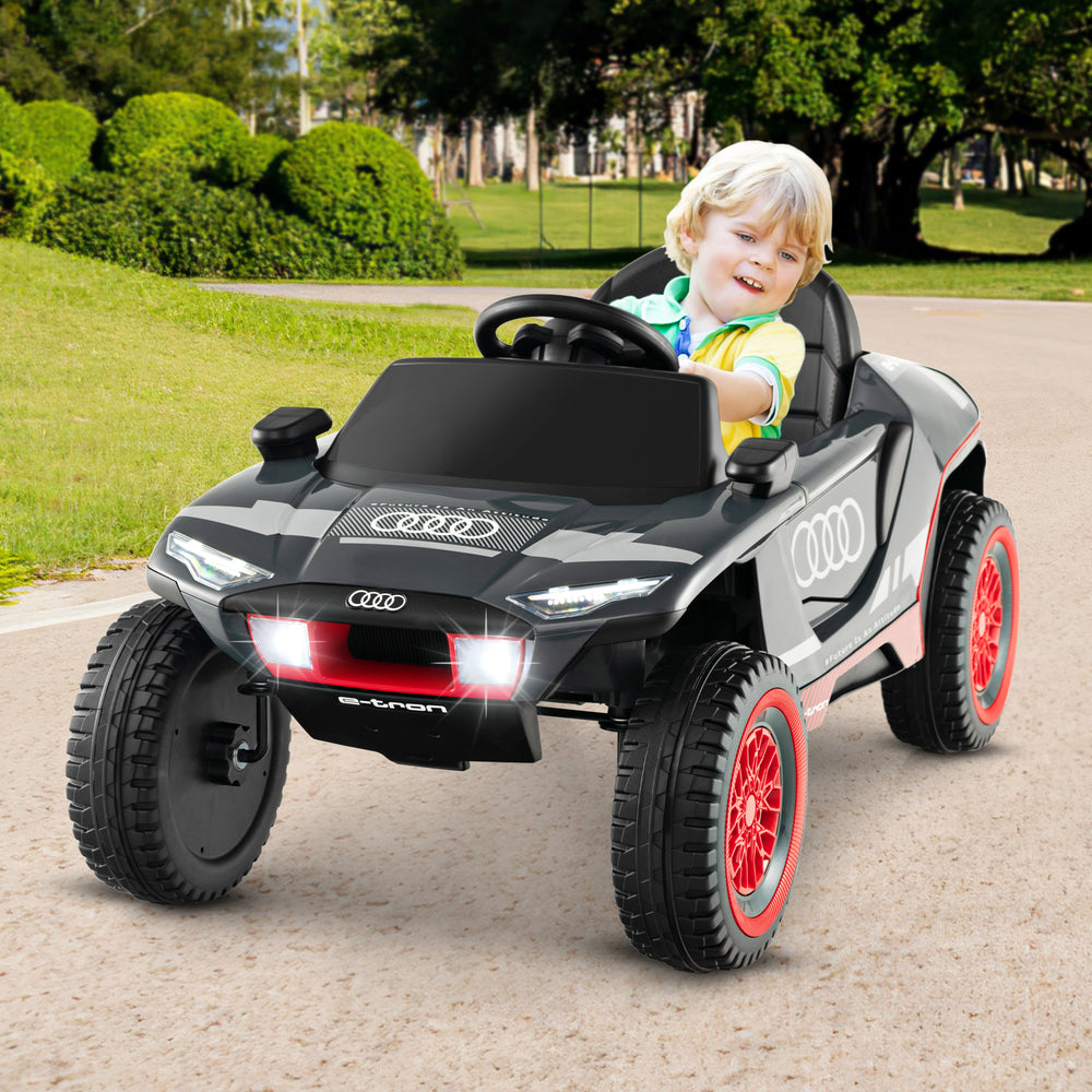 Licensed Audi Kids Ride On E-tron Racing Car in gray with remote control, headlights, and safety features for outdoor.