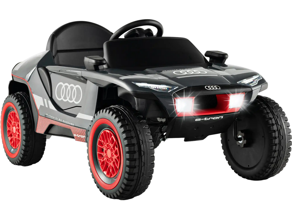 Licensed Audi Kids Ride On E-tron Racing Car in gray with remote control, headlights, and safety features for fun rides.