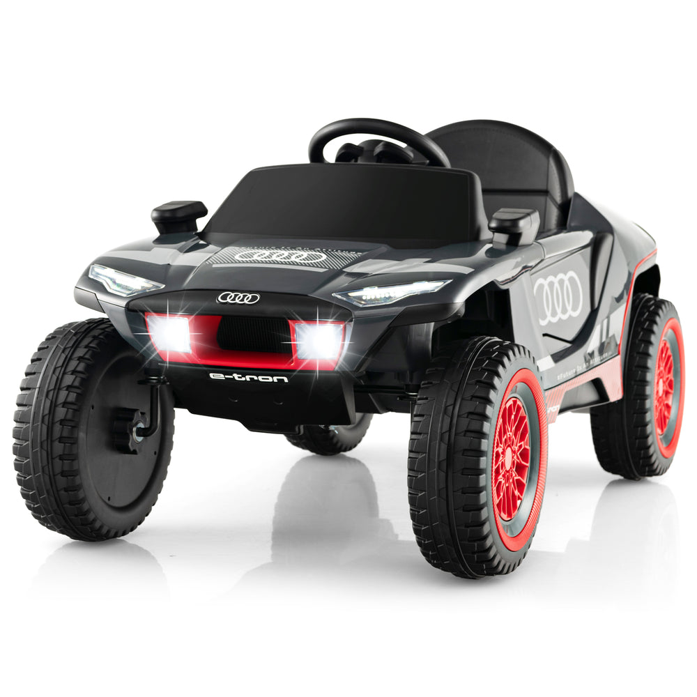 Licensed Audi Kids Ride On E-tron Racing Car in gray with remote control, headlights, and safety features for fun.