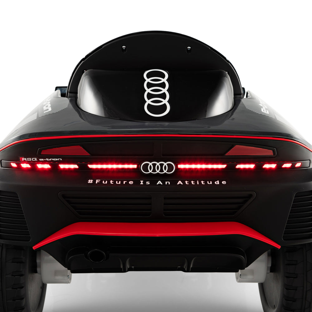 Rear view of the Licensed Audi Kids Ride On E-tron Racing Car in gray, featuring lights and safety belt for secure.