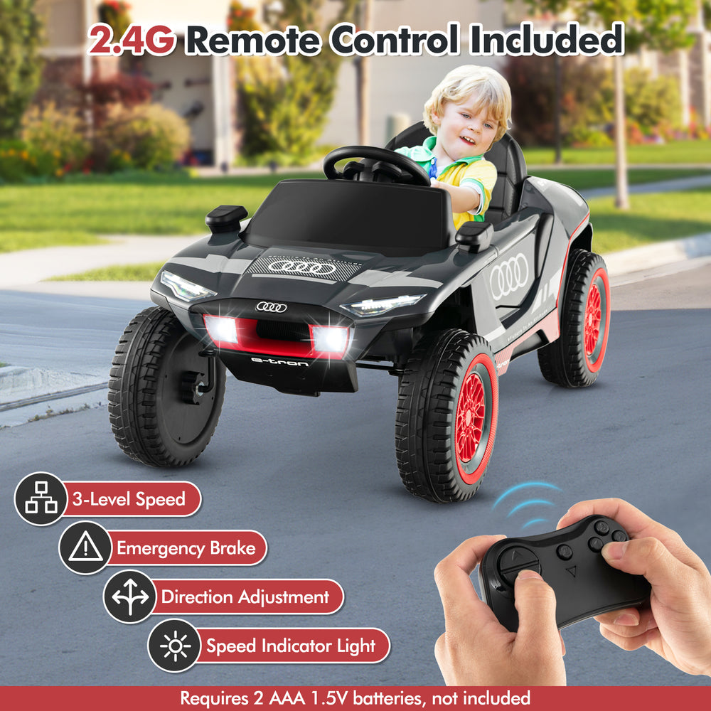 Licensed Audi Kids Ride On E-tron Racing Car in gray with spring suspension and a comfortable wide seat for smooth.