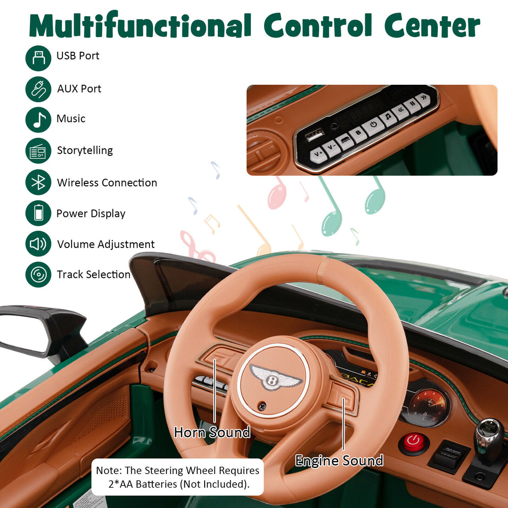 Multifunctional control center of the 12V Bentley Bacalar kids ride-on car with USB, AUX, and volume adjustment.