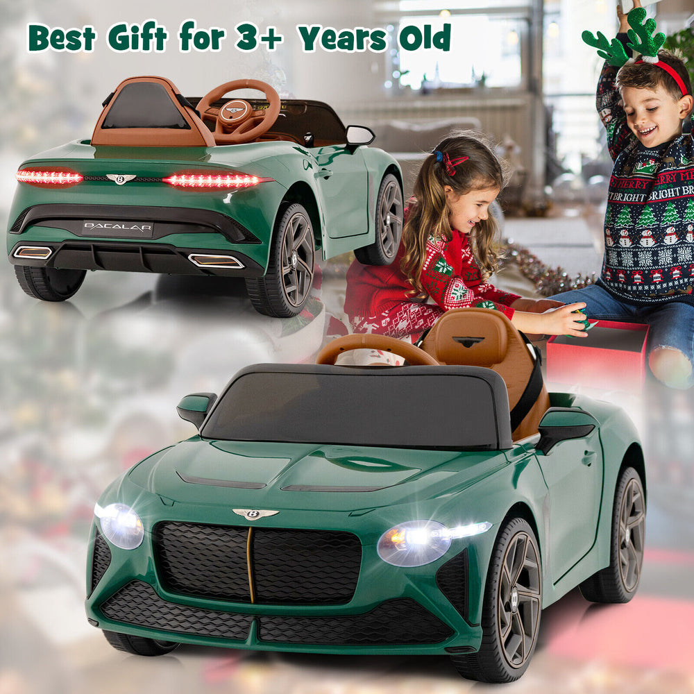 Kids ride-on Bentley Bacalar in green with remote control, safety features, and multimedia panel for fun driving.