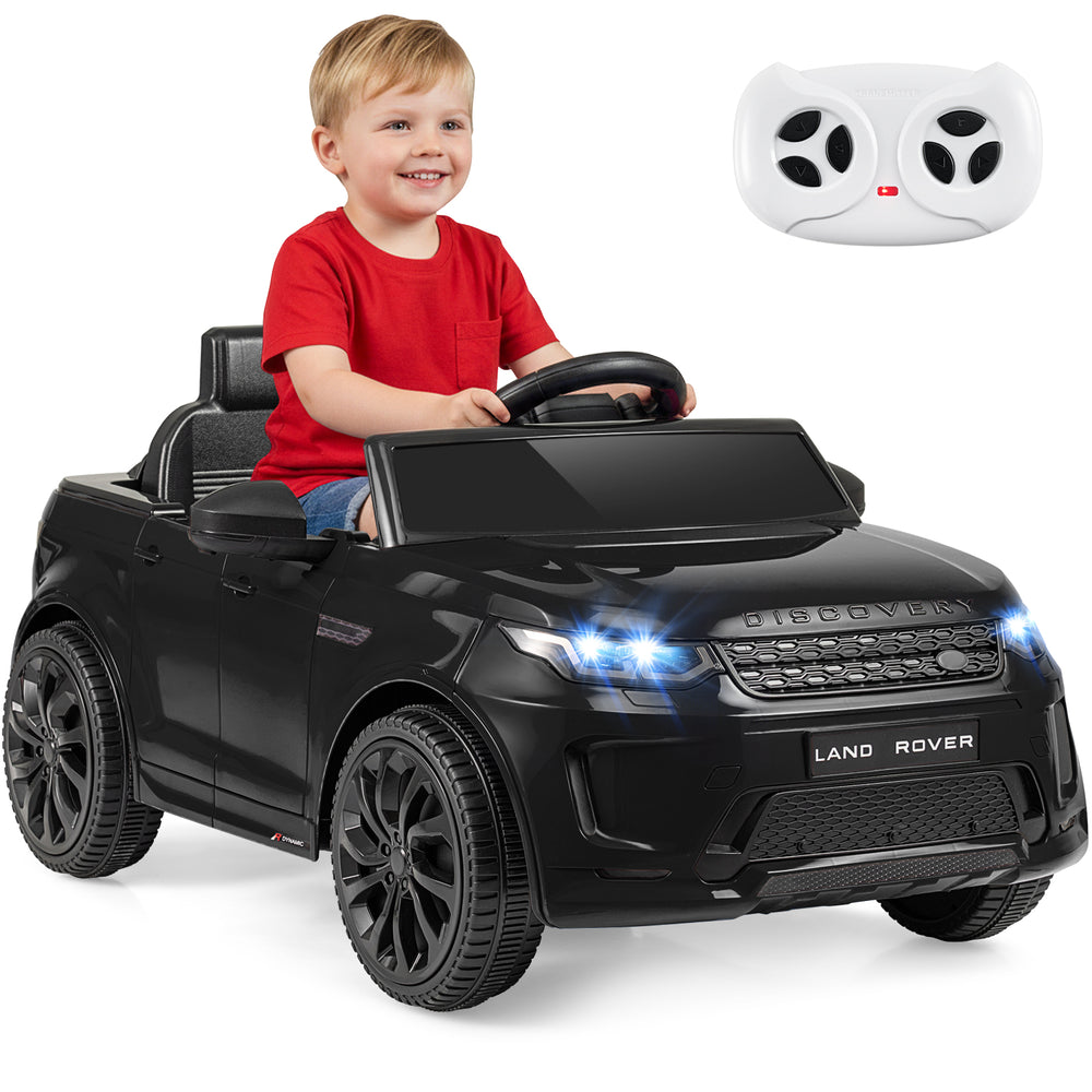 Licensed Land Rover kids ride-on car in black with remote control, LED lights, and ergonomic seat for outdoor fun.