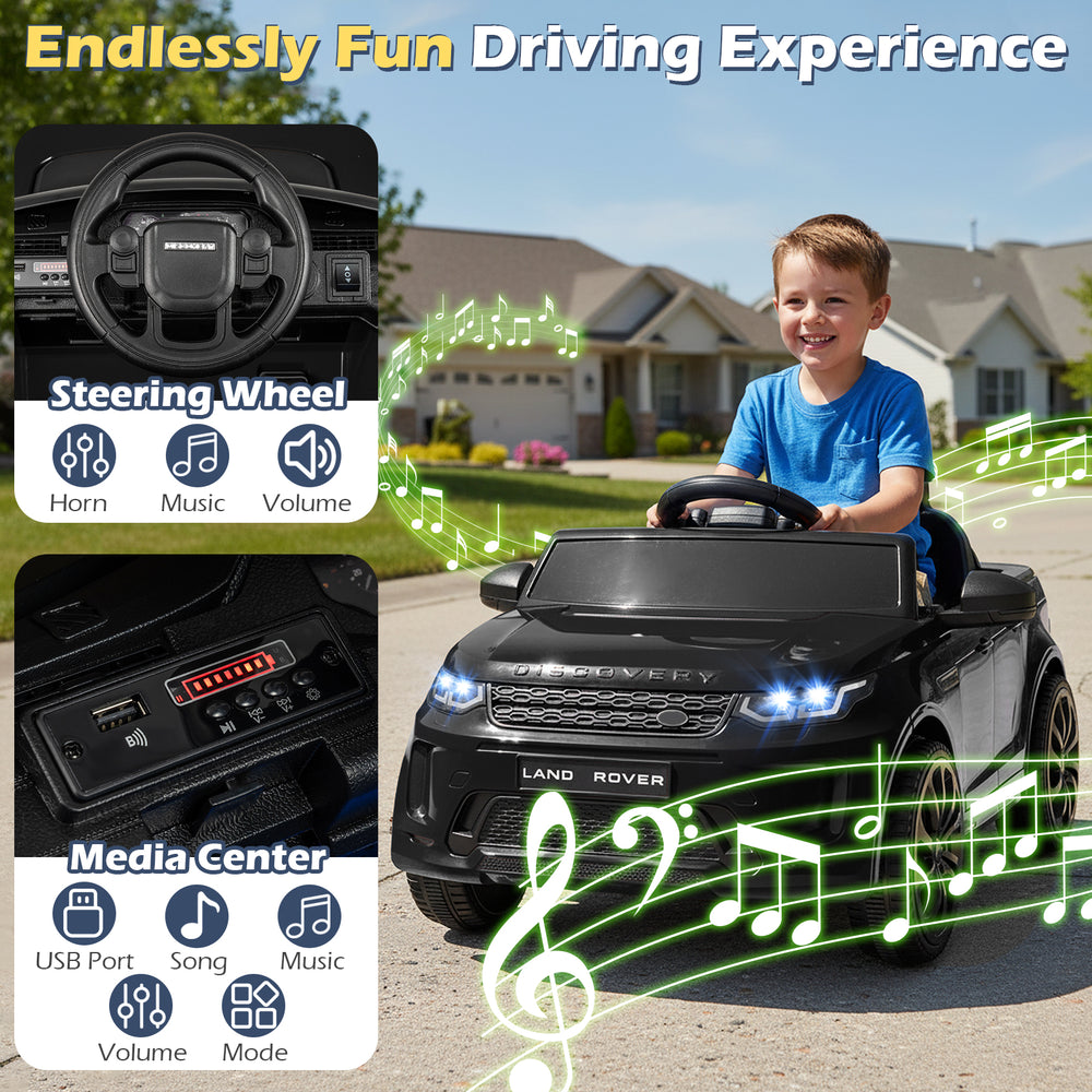Licensed Land Rover kids ride-on car in black with steering wheel, media center, and parental control features for.