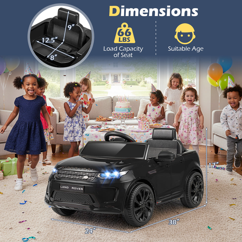 Licensed Land Rover kids ride-on car in black with dimensions, suitable for ages 3+, featuring parental control and.